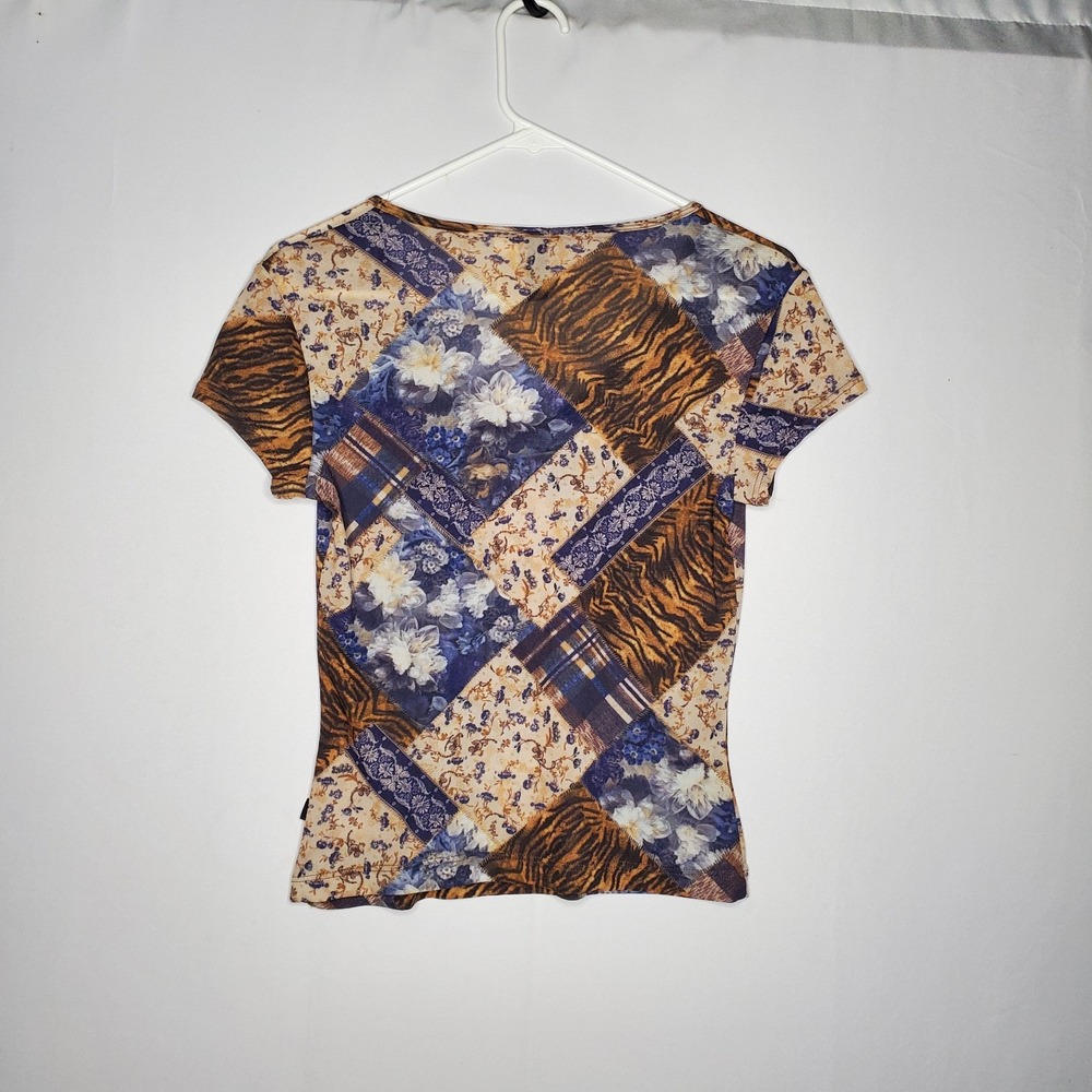 XOXO Nylon Mesh Patchwork Floral Lettuce Hem Top Juniors Large 90s Indie Grunge - Picture 2 of 8